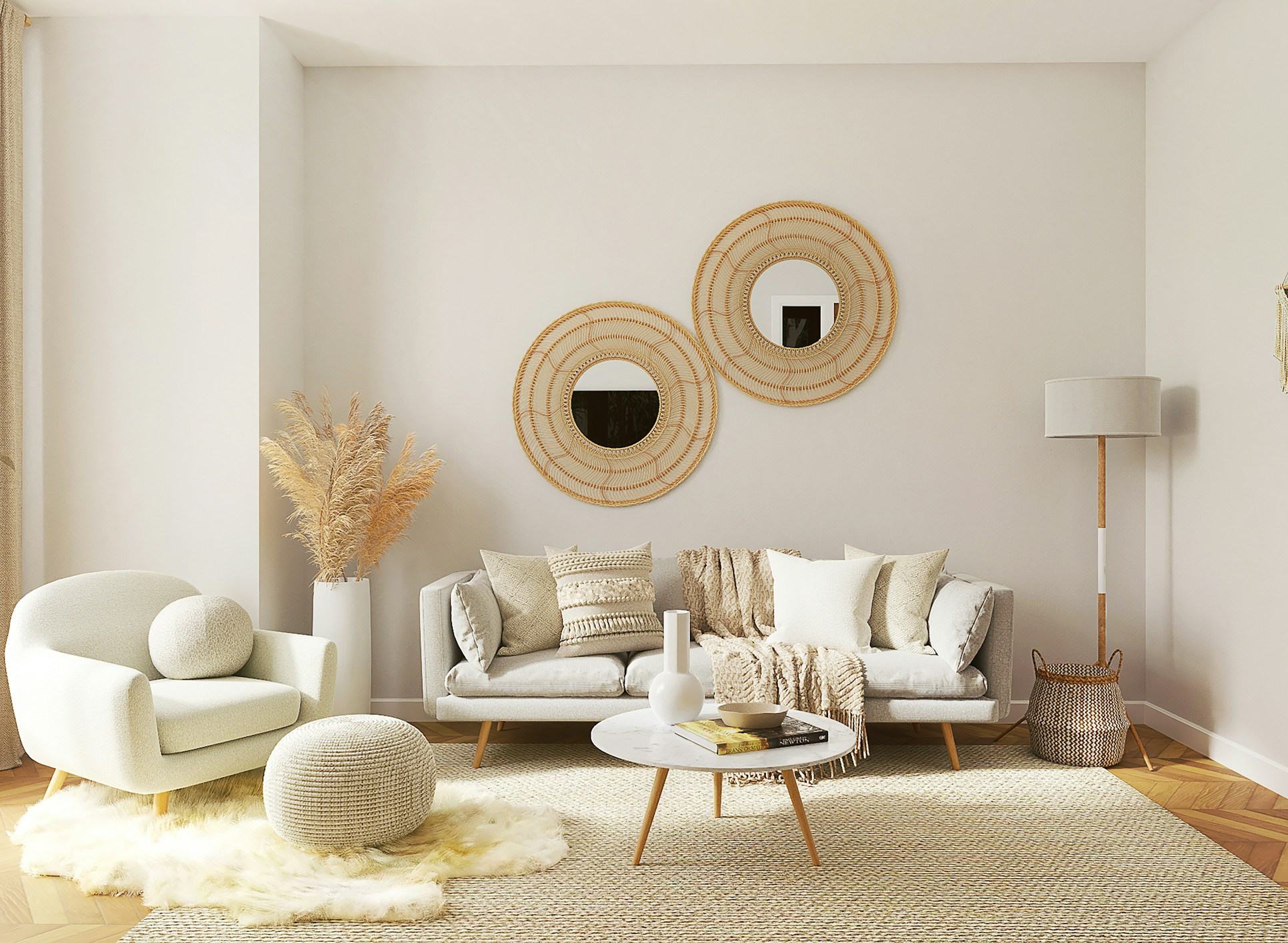 Bright neutral-toned living room with textured soft furnishings