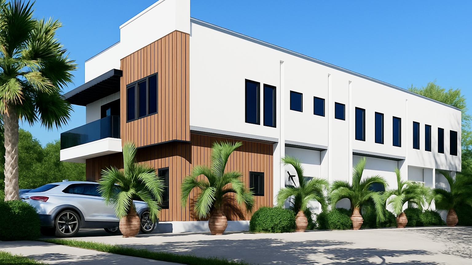 Street view of the Ragai Mews terrace duplexes with landscaped frontage