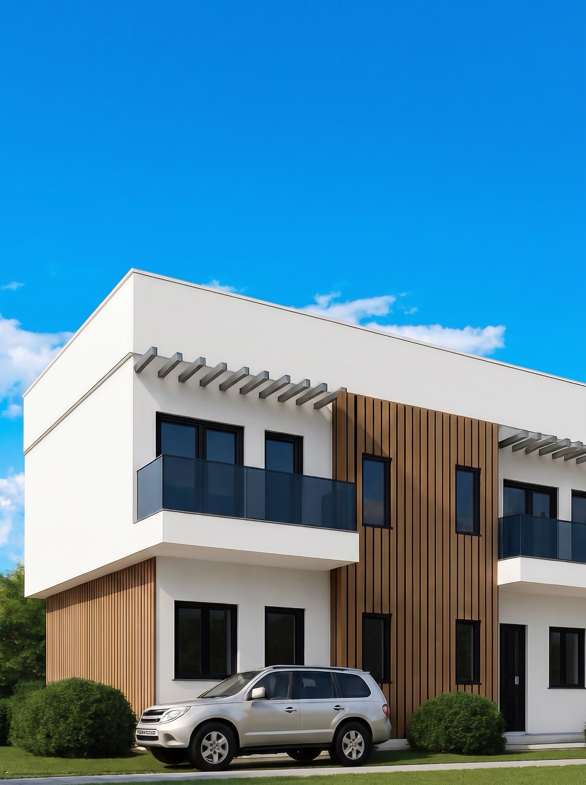 Exterior render of Ragai Mews brick terrace duplex at dusk
